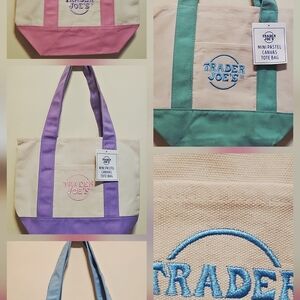 TRADER JOE'S 4 Spring Canvas Tote - Cream with Pink, Purple, Mint Green & Blue